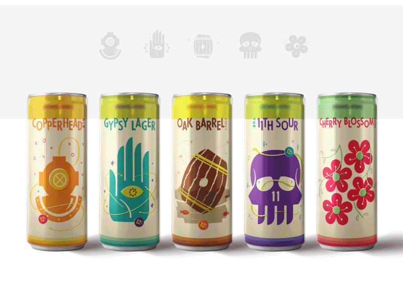 Beer Family Concept - Illustrative cherry blossom barrel helmet gypsy skulls packaging cans beer design illustration