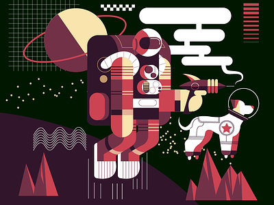 Lost in space 2d character design dog flat graphic guy illustration shapes space spacemen vector
