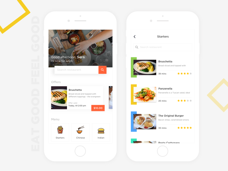 Food app-search/offers/menu debut orange simple clean search flat app ui offers menu delicious food