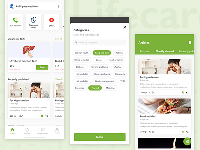 Redesign - Lifcare pharmacy articles book appointment clean diagnose green icons iphone x medicine app minimal mobile ui