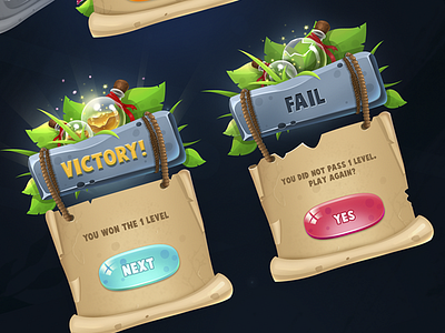 Victory and Fail pop-ups for mobile game 2d art bottle button fail game gui mobile play pop up ui victory
