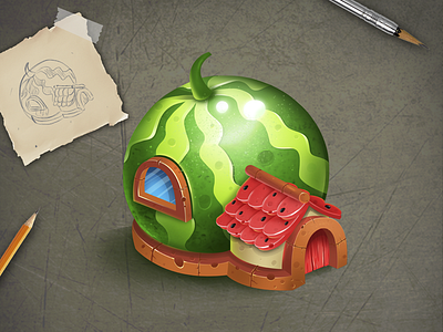 Watermelon house 2d app art fruit game house isometric watermelon