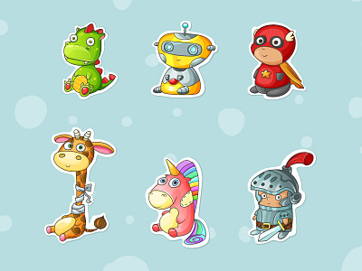 Set of cartoon character stickers. Funny toys cartoon character dinosaur gameart giraffe knight robot stickers superhero toy unicorn vector