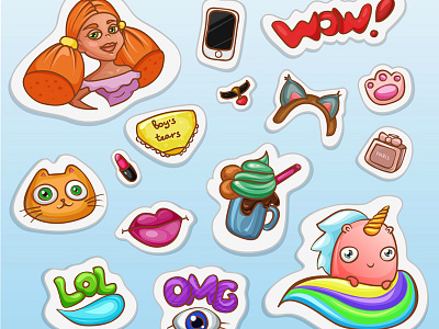 Fashion Cartoon set stickers cat fashion girl lips lol milkshake pant parfume phone stickers unicorn vector