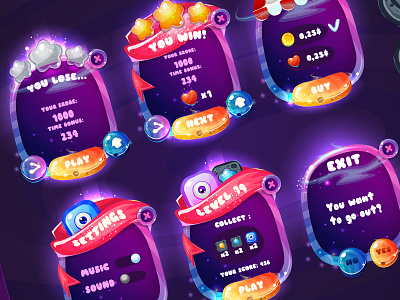 Space game ui. Pop-up and icon button galaxy game gui icon play pop up space star ui vector