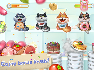 Mobile game "Fridge party" 2d app art cat cg character food game gameart gui illustration juboart mobile