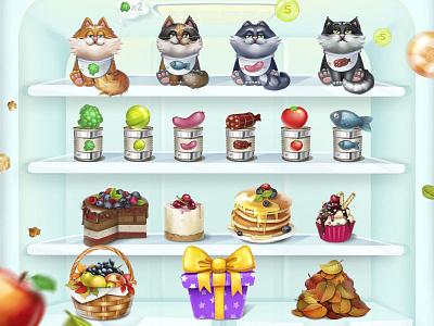 Cats and foods. Game mobile "Fridge party" 2d art cat cg character food game illustration juboart mobile sweet