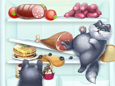 Hello!Mobile game "Fridge party" 2d art cat cg character game gameart gui illustration juboart mobile play