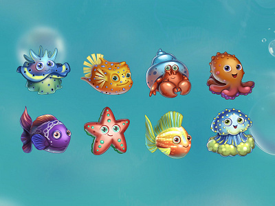 Sea characters 2d art cg fish game illustration juboart mobile octopus sea star