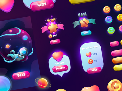 Set of galaxy gradient game UI. Colors vector GUI. app art character design galaxy game gui illustration logo lose mobile play shutterstock space ui ui ux vector win