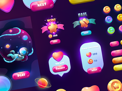 Set of galaxy gradient game UI. Colors vector GUI. app art character design galaxy game gui illustration logo lose mobile play shutterstock space ui ui ux vector win