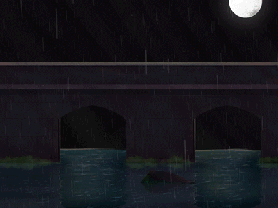 Night at the Bridge 2d aftereffects animation bridge car character design drive drizzle explainer video heavyrain illustrations india light lighting moon night rain thunder water