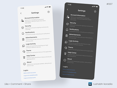 DailyUI 007 - Settings Page Design account preferences dailyui dark mode design design inspiration light mode logout page design minimal ui design mobile ui mobile ui design rushabh koradia rushabh ui settings design settings page design signout page ui design ui ui design ui inspiration ui trends ux.rushabh