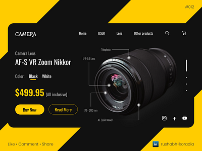 Daily UI 012 - E-Commerce shop camera landing page ui design dark mode ui darkmode ui design design design inspiration e commerce shop ui design ecommerce figma website ui design landing page ui design lens web page rushabh koradia rushabh ui shop ui design ui ui design ui inspiration ui trends uxrushabh web ui website ui