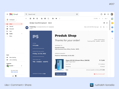 Daily UI 017 - Email Receipt branding dailyui dailyui challenge dailyui day 17 day 17 daily ui design design inspiration email receipt gmail receipt ui design gmail ui illustration receipt rushabh koradia rushabh ui ui ui design ui inspiration ux rushabh web ui web ui design