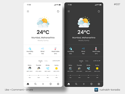 DailyUI 037 - Weather cloudy daily ui challenge dailyui dailyui challenge dailyui day 37 dailyui weather ui desig day 37 weather ui design inspiration latest trends rain rushabh koradia sunny temperature weather weather app ui weather forecast weather mobile ui design weather ui dailyui weather ui design wind