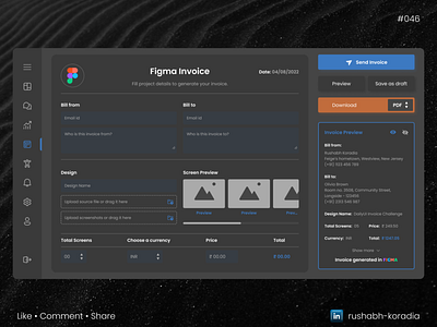 DailyUI 046 - Invoice daily ui challenge dailyui dailyui 46 dailyui challenge dailyui invoice dailyui invoice ui dark mode design dashboard design dashboard ui day 46 dailyui design inspiration invoice dailyui invoice ui rushabh koradia rushabh ui ui ui design ui inspiration web design website design