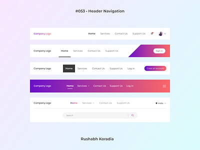 DailyUI 053 - Header Navigation daily ui challenge dailyui dailyui challenge dailyui day 53 day 53 dailyui design design inspiration header navigation header navigation 53 header navigation ui header ui illustration logo navbar ui navigation ui rushabh koradia rushabh ui ui ui design ui inspiration