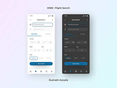 DailyUI 068 - Flight Search airplane booking ui booking ui daily ui challenge dailyui dailyui challenge dailyui day 6 dailyui day 68 ui dark mode design inspiration flight booking flight search 68 flight search ui illustration mobile ui mobile ui design rushabh koradia ticket ui travel ui ui design ui inspiration