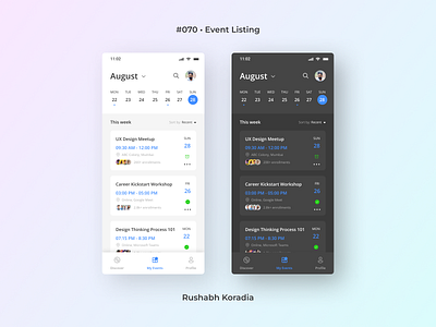 DailyUI 070 - Event Listing branding daily ui challenge dailyui dailyui challenge dailyui day 70 dailyui event listing ui dark mode ui day 70 dailyui design inspiration event listing 70 event listing ui graphic design latest ui trends logo mobile app ui mobile app ui design mobile ui design rushabh koradia ui design ui inspiration