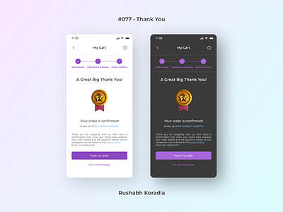 DailyUI 077 - Thank You branding daily ui challenge dailyui dailyui challenge dailyui day 77 dailyui thank you dailyui thank you ui design dark mode day 77 dailyui design inspiration graphic design illustration logo mobile ui mobile ui design rushabh koradia thank you 77 thank you ui ui design ui inspiration