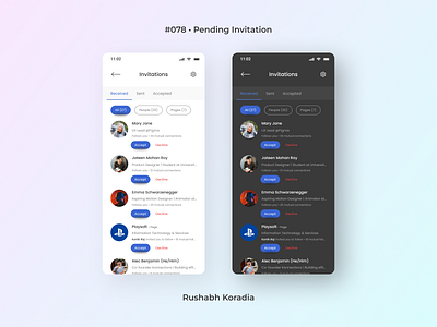 DailyUI 078 - Pending Invitation branding daily ui challenge dailyui dailyui challenge dailyui day 78 dailyui pending invtation dark mode ui day 78 dailyui design inspiration graphic design illustration linkedin ui logo mobile ui mobile ui design pending invitation 78 pending invitation ui rushabh koradia ui design ui inspiration