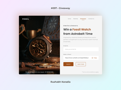 DailyUI 097 - Giveaway daily ui challenge dailyui dailyui 100 days dailyui challenge dailyui day 97 dark mode ui design inspiration giveaway giveaway 097 giveaway 97 graphic design illustration latest ui trends logo rushabh koradia ui inspiration watch ecommerce web ui website ui website ui design