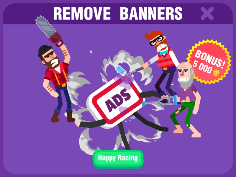 Happy Raicing Remove Banners 2d animation animation characters flat game gif happy raicing illustration remove banners spine