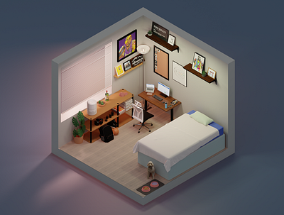 Jun Kun 3d bedroom cozy dog graphic design isometric living space low poly poly relaxing room room modeling ux workstation