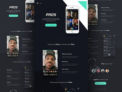 Pros Home dark flat ios landing page marketing site uiux design video