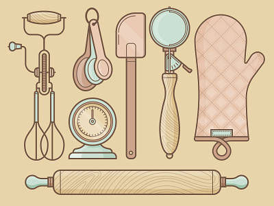 Baking Items baking cooking icon illustration kitchen line mitt pastel retro spatula timer vintage