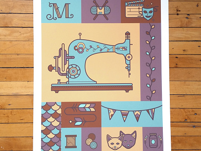 Crafty Print cat craft flag floral illustration line print sewing machine vintage
