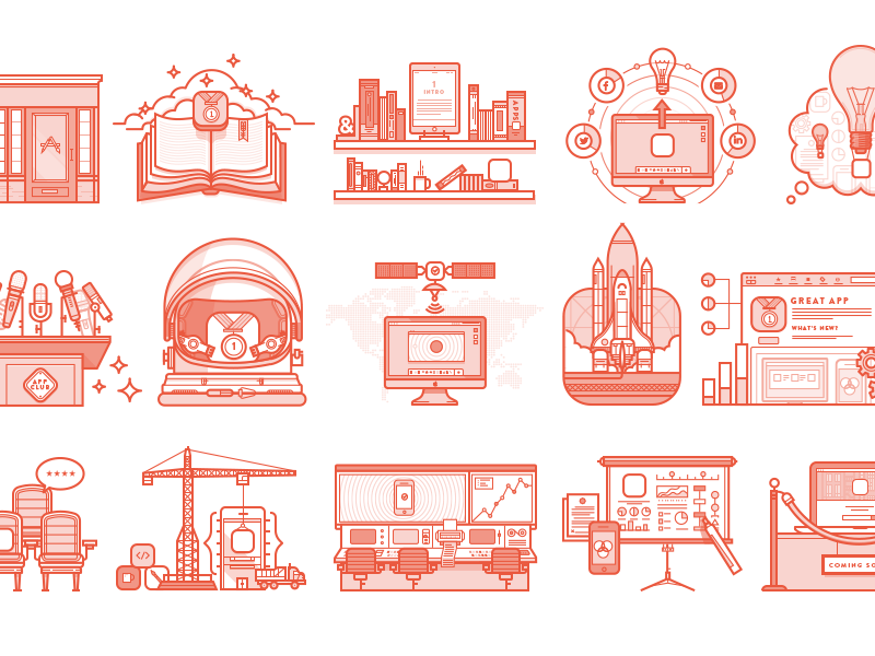16 Book Illustrations app book brandon grotesque icons illustration space ui
