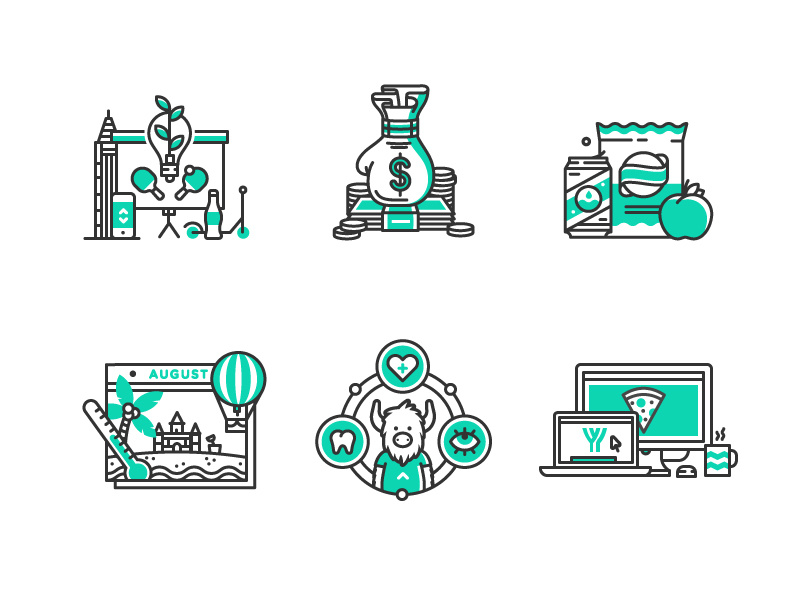 Jobs page 'cons icons startup tech illustration line mono snacks pizza