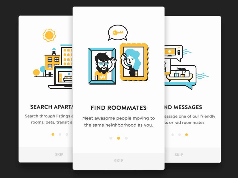 Nooklyn Onboarding animation characters flow high five illustration line mobile onboarding ui