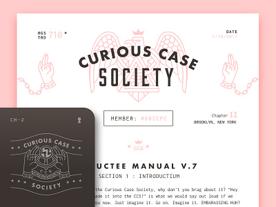 Curious Case Society Inductee Manual V.7 branding crest layout logo secret society spooky stationary typography