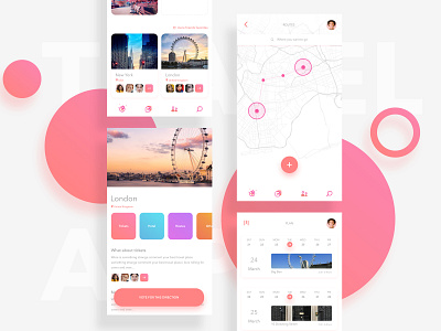 Travel app bright colors calendar app cartoon coloful design flat friends fun group location map travel trip ui