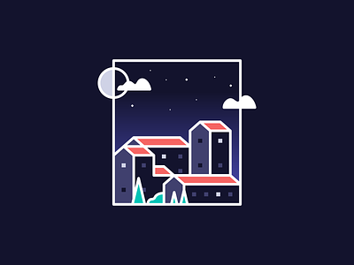 Nighttime Town Illustration agrib apartments buildings city colorful crop gradient illustration homes illustration landscape design landscape illustration line art living night night sky nighttime sky town township village
