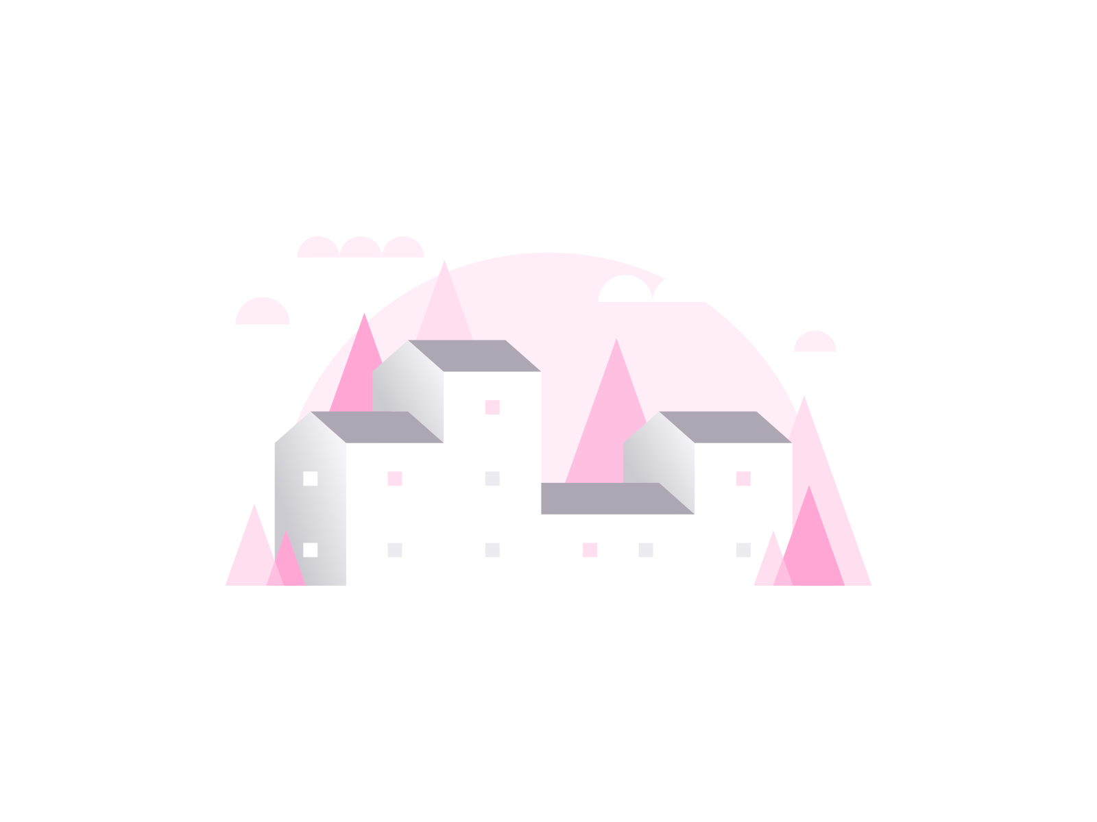Pink Building Illustration row abstract city trees town homes agrib architecture apartments residential shades of pink pink design vector illustration grayscale greyscale pink illustration buildings illustration negative space landscape design