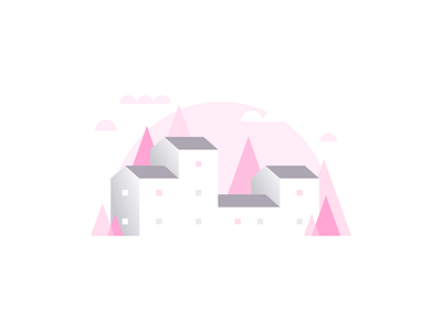 Pink Building Illustration abstract agrib apartments architecture buildings city grayscale greyscale homes illustration landscape design negative space pink design pink illustration residential row shades of pink town trees vector illustration