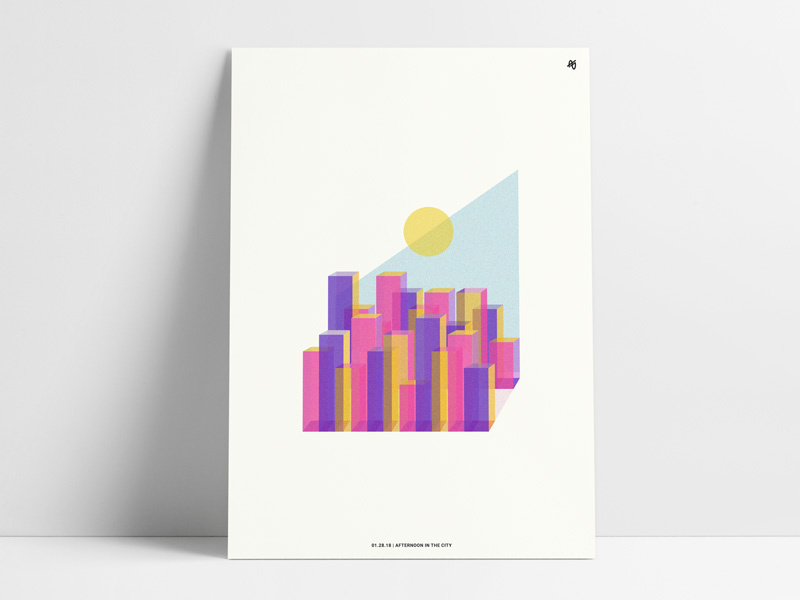 Afternoon in the City cityscape color art shapes geometric buildings abstract city afternoon print poster vintage