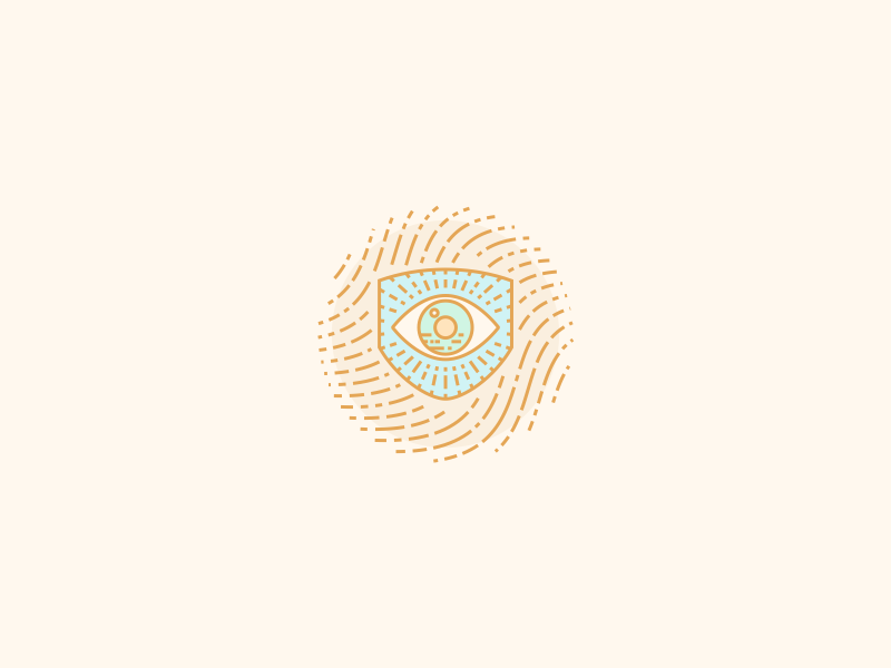Shield vintage logo fingerprint badge vector illustration line eye icon engraved wavy shield