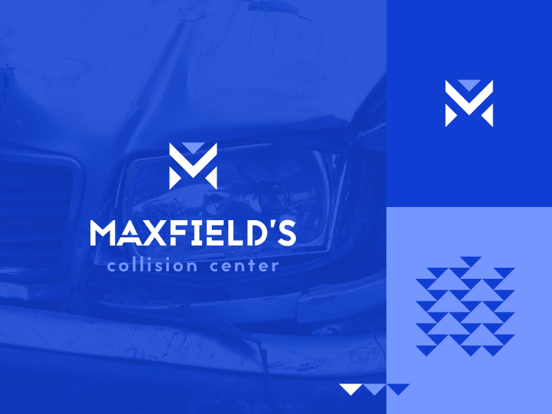 Maxfield's mechanic repair vehicle auto collision edgy triangle pattern branding lettermark logo m