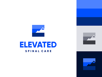 Elevated Spinal Care Logo abstract blue branding care chiropractic chiropractor climb doctor e elevate elevated hiking hill illustration letter logo mark mountain peak spine