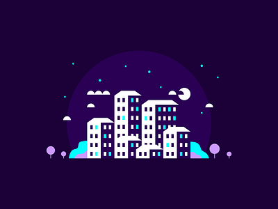 Nighttime in the City agrib architecture bright bright color bright colors buildings city colorful design icon icons illustration logo moon negativespace night nighttime purple teal trees