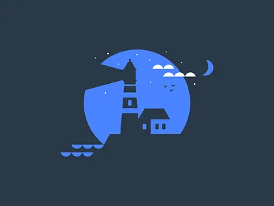 Nighttime Lighthouse agrib clean clouds freelance designer geometric geometric illustration home house icon illustration lighthouse moonlight negative space negative space night nighttime simple stars vector waves