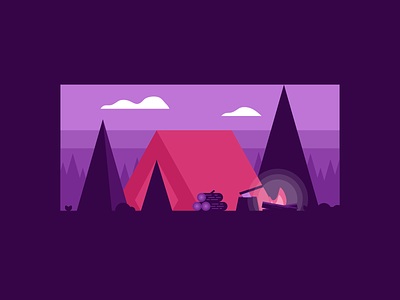 Nighttime Camping Illustration agrib campfire campground camping fire glowing hiking illustration negative space night nighttime northwoods outdoor outdoors purple tent trees wood wooded woods
