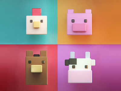 Cubic Animals - Shot 1 3d animals chicken colorful cow cubic cute design farm horse illustration pig