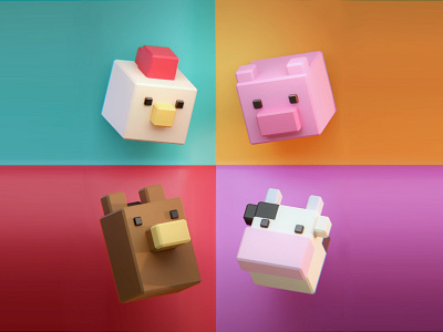 Cubic Animals - Shot 2 3d animals b3d blender chicken colorful cow cubic cute cyclesrender design farm horse illustration lowpoly pig render