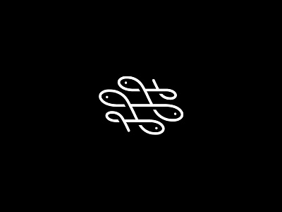 Swash Fish v2 animal blue sea navy curves curvy wave fish hooks rope flat line logomark food seafood icon logo marine sailor one line restaurant simple minimal swash ornament